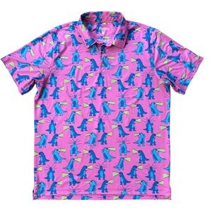 Chubbies Mens XL Pink Dinosaur Godzilla Print Performance Golf Polo Shirt XL